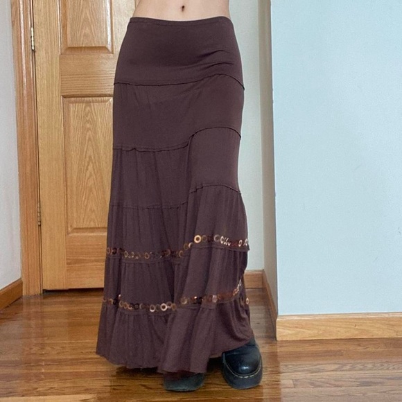 Vintage Brown Ruffle Peasant Tiered Maxi Skirt With Gold Sequins - Picture 3 of 6